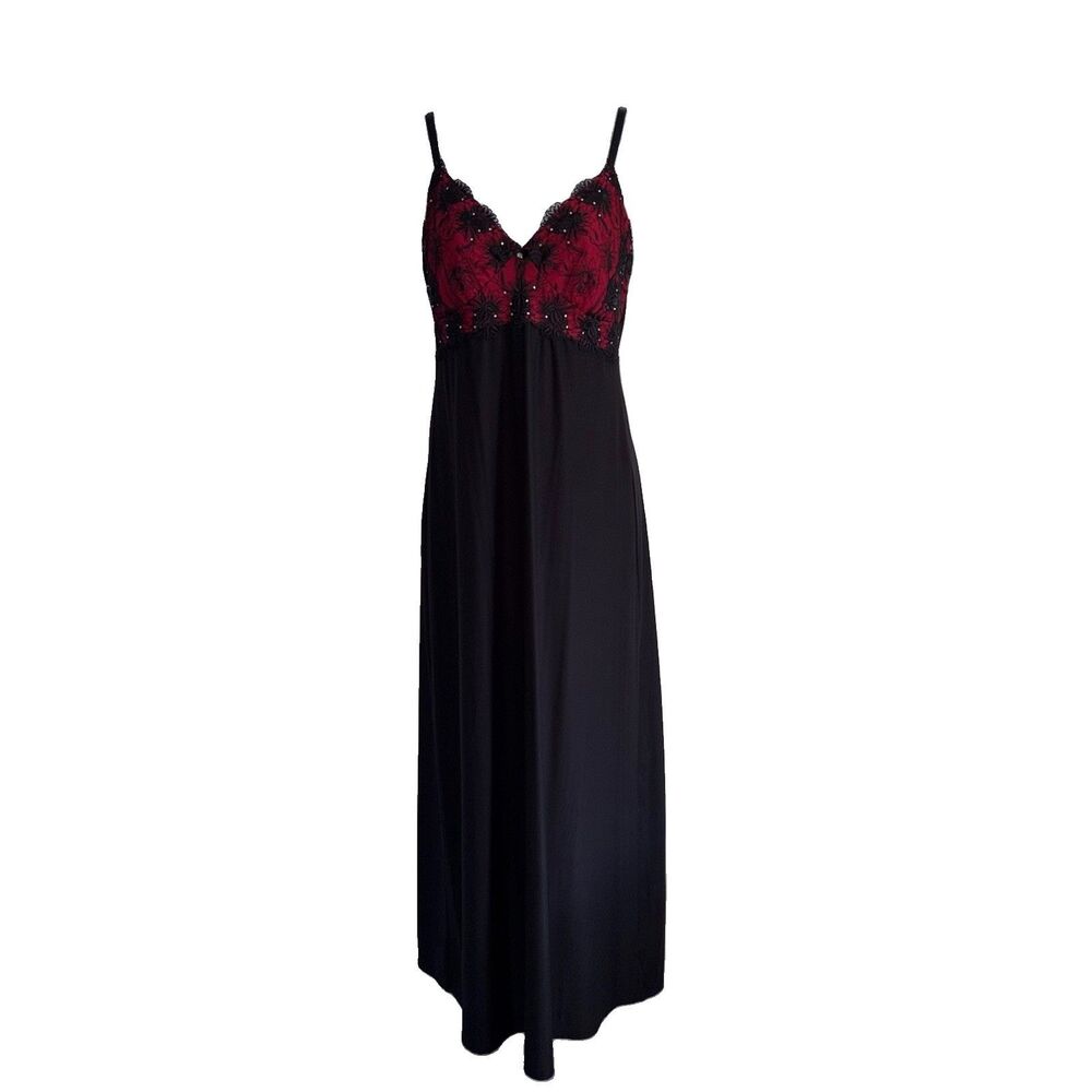 Soma Black Red Embellished Lace Super Soft Maxi Nightgown Chemise Size Small
